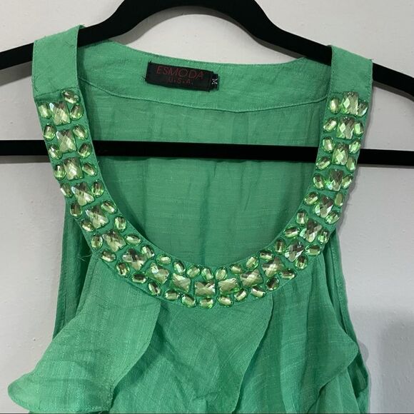 2/$30 Vintage Esmoda Frilly Ruffle Green Beweled tank - Picture 3 of 5